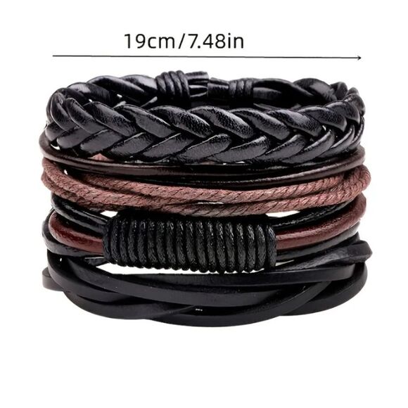 Men's leather bracelets set 4pc layered braided brown new d79 - Picture 2 of 3